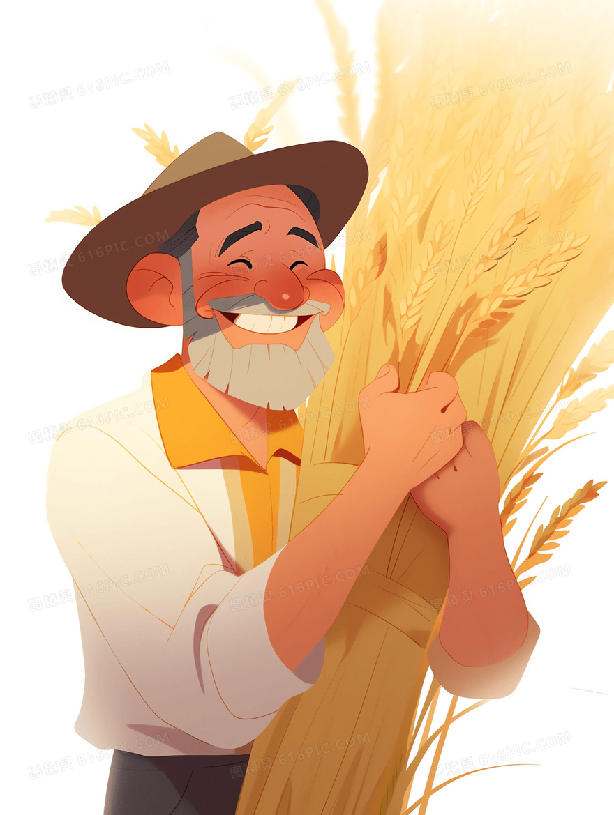 卡通戴草帽的白胡子农民抱着收获的麦穗开心的笑了插画