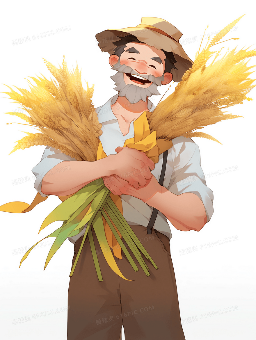 卡通农民抱着两捆收获的麦穗开心的笑了插画