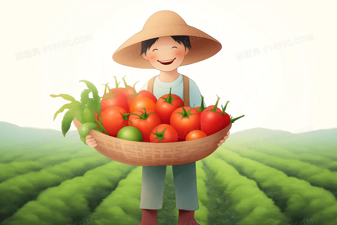 卡通戴草帽的农民抱着收获的水果和蔬菜开心的笑了插画