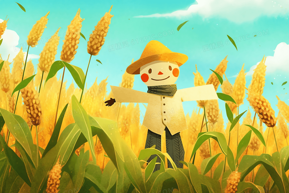 卡通风在麦田里的稻草人插画