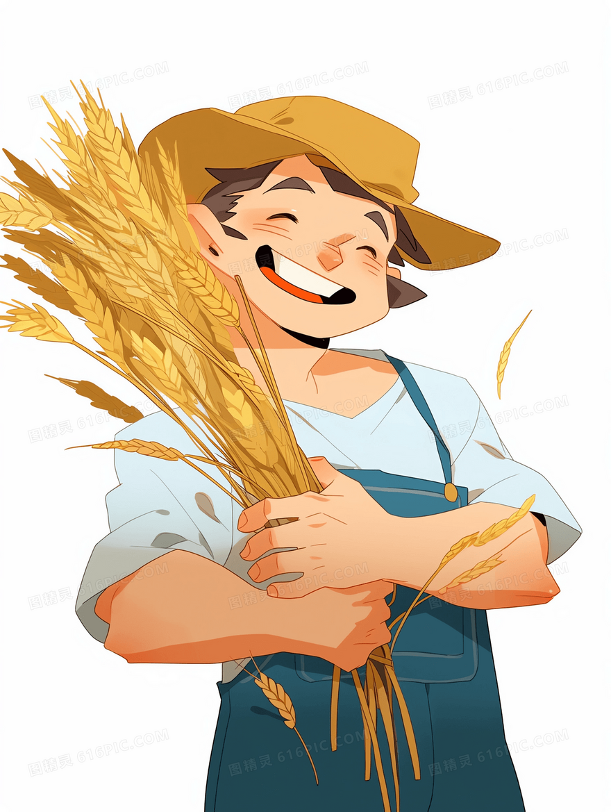 卡通农民抱着金黄的麦穗开心的笑了插画