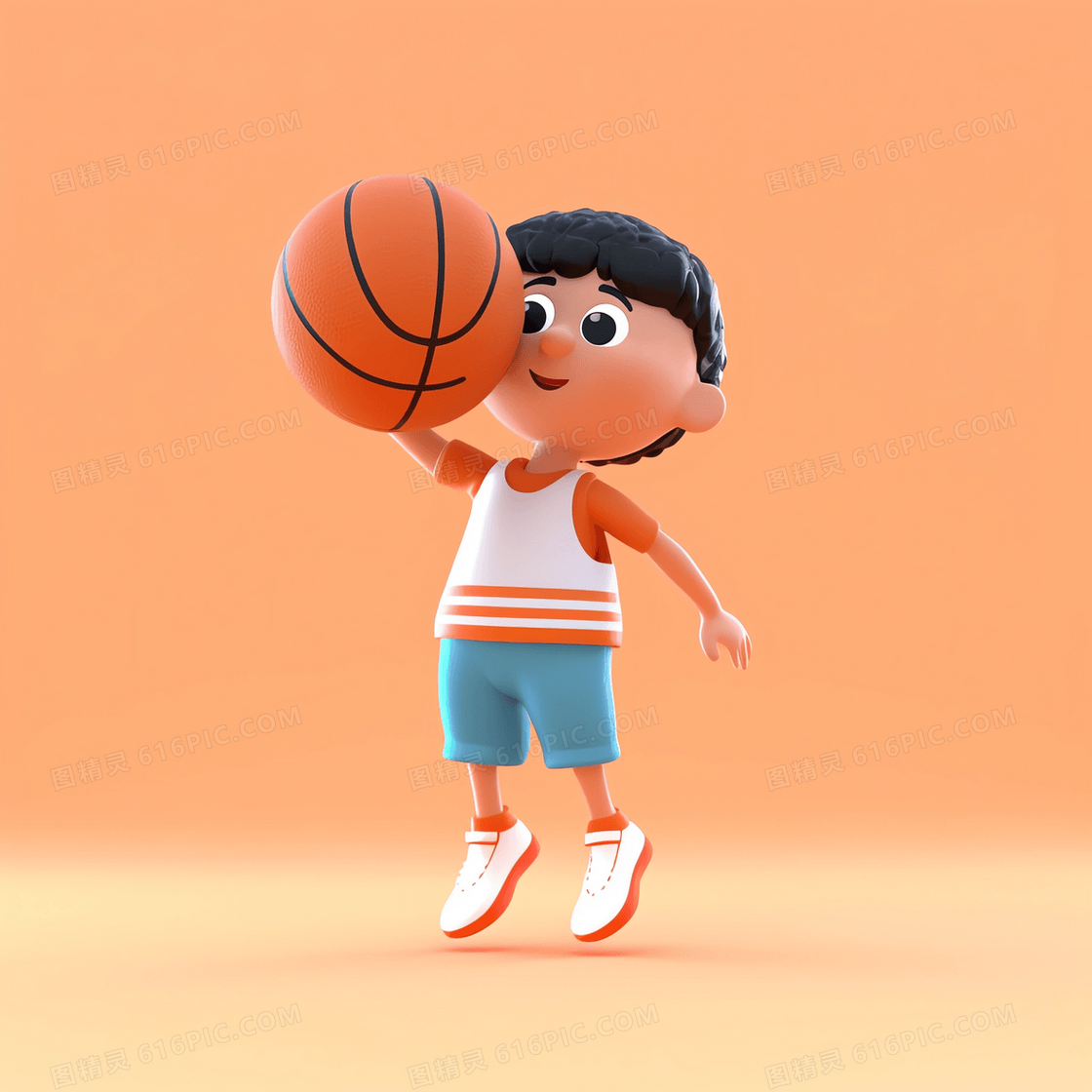 运动3D可爱男孩跳起准备投球