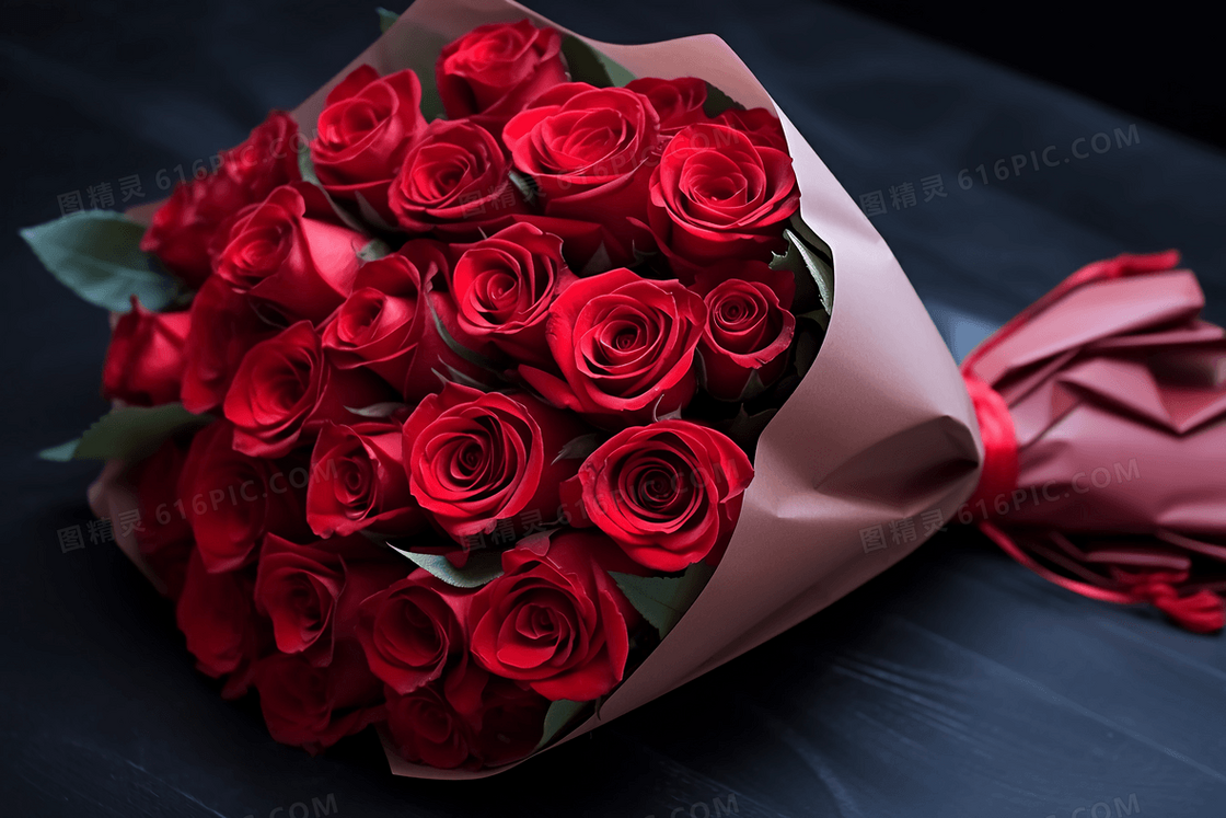一束红玫瑰横放在桌面上
