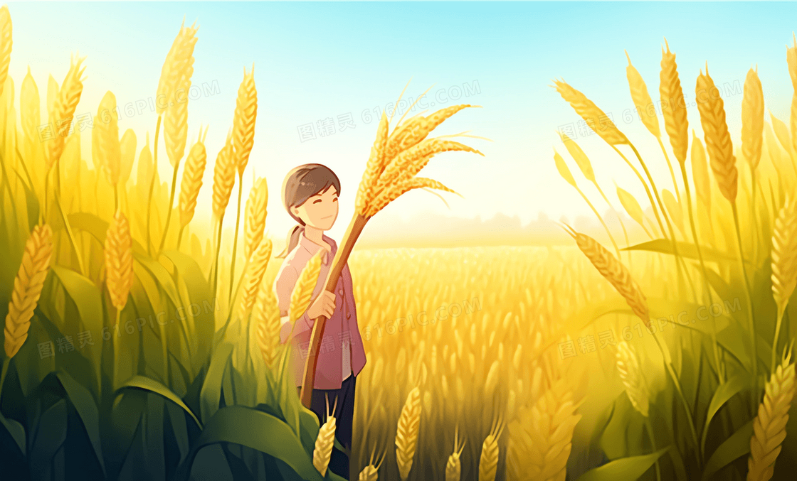 卡通女孩举着一把麦穗站在麦田里插画