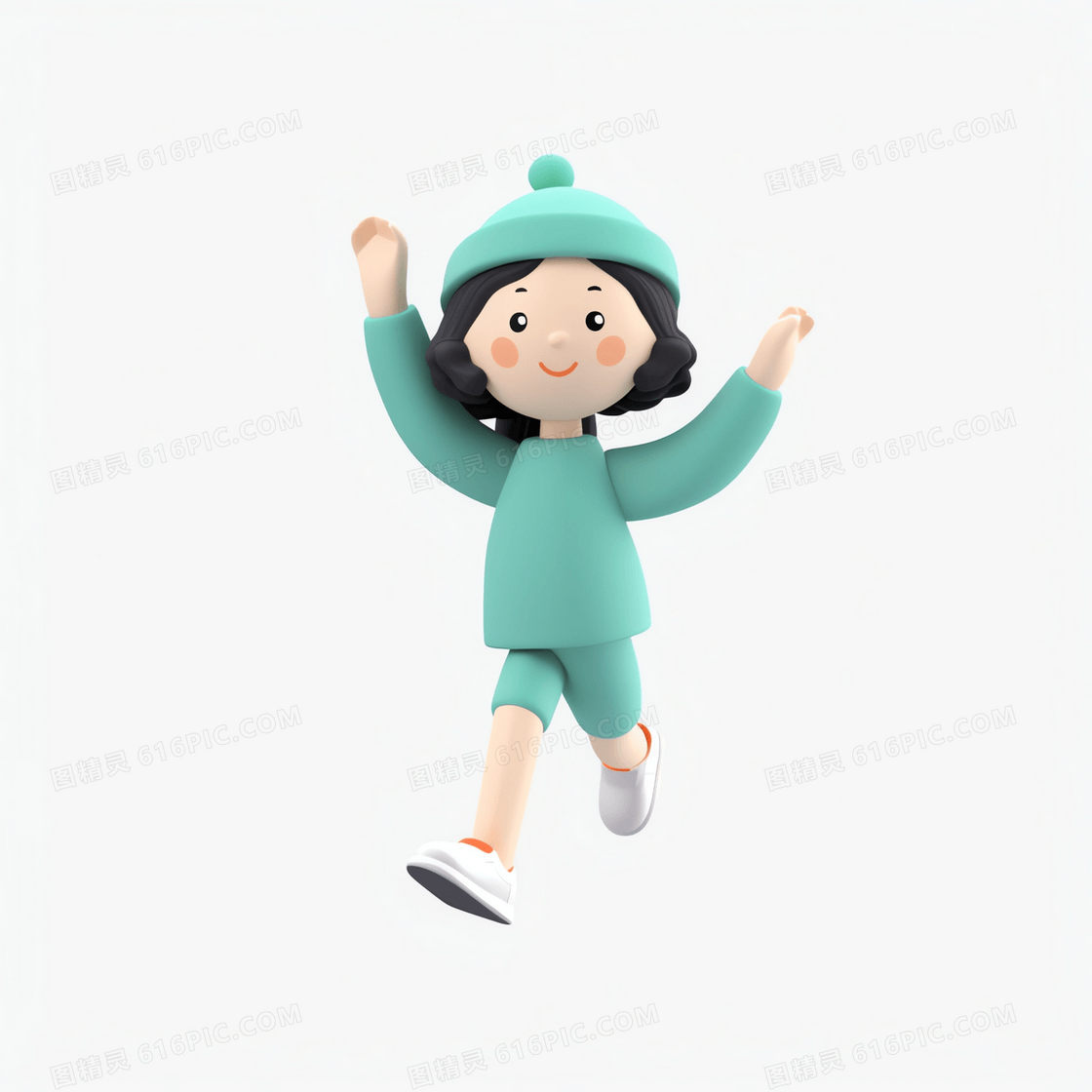 戴绿色帽子跳跃奔跑的可爱小人3D人物模型