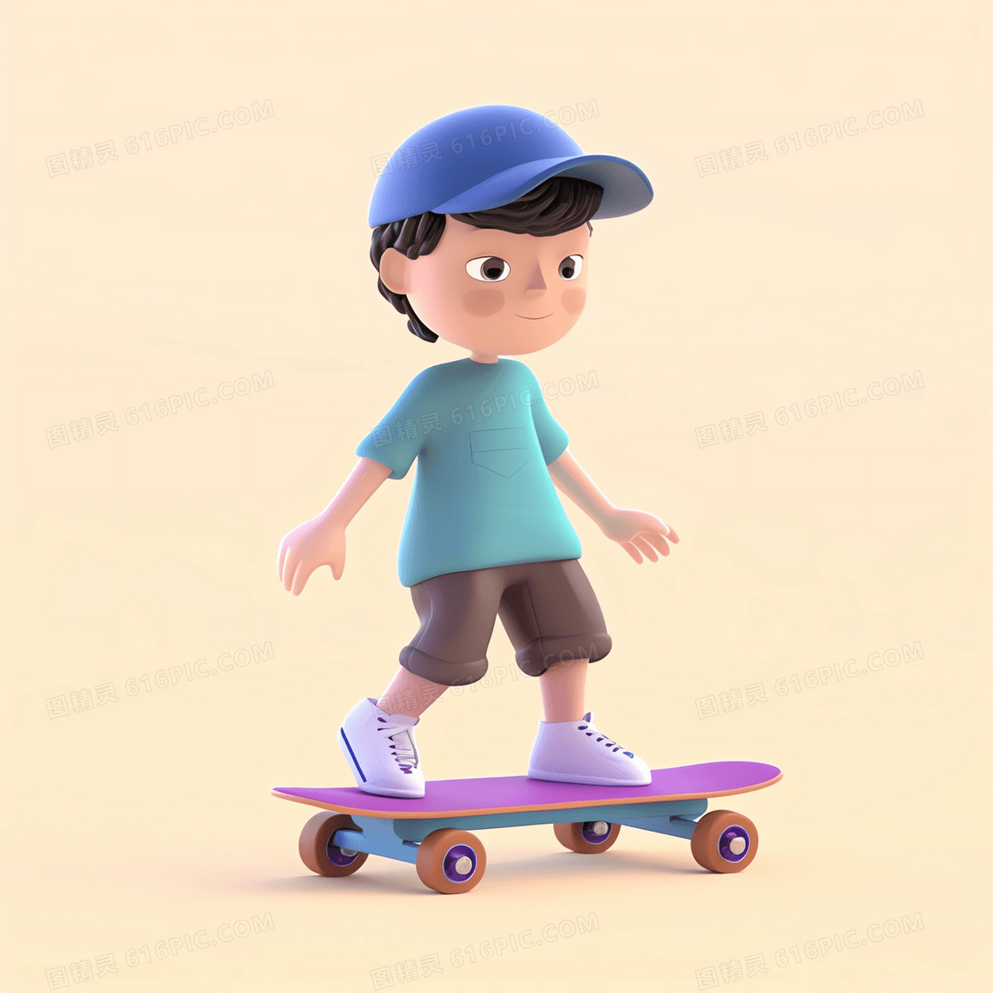 戴着蓝色棒球帽玩滑板的可爱男孩3D模型