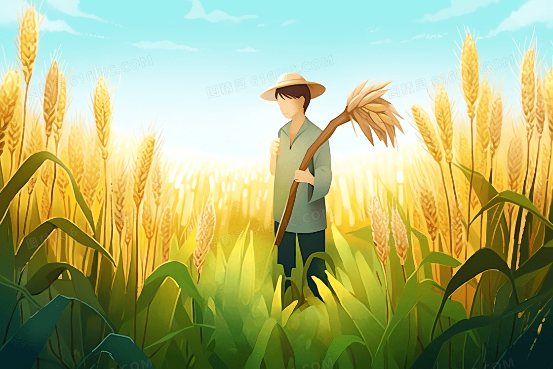 卡通戴草帽的农民站在麦田里拿着一把麦穗插画
