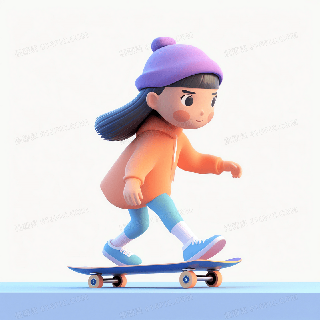 在滑板上加速滑行的可爱女孩3D模型