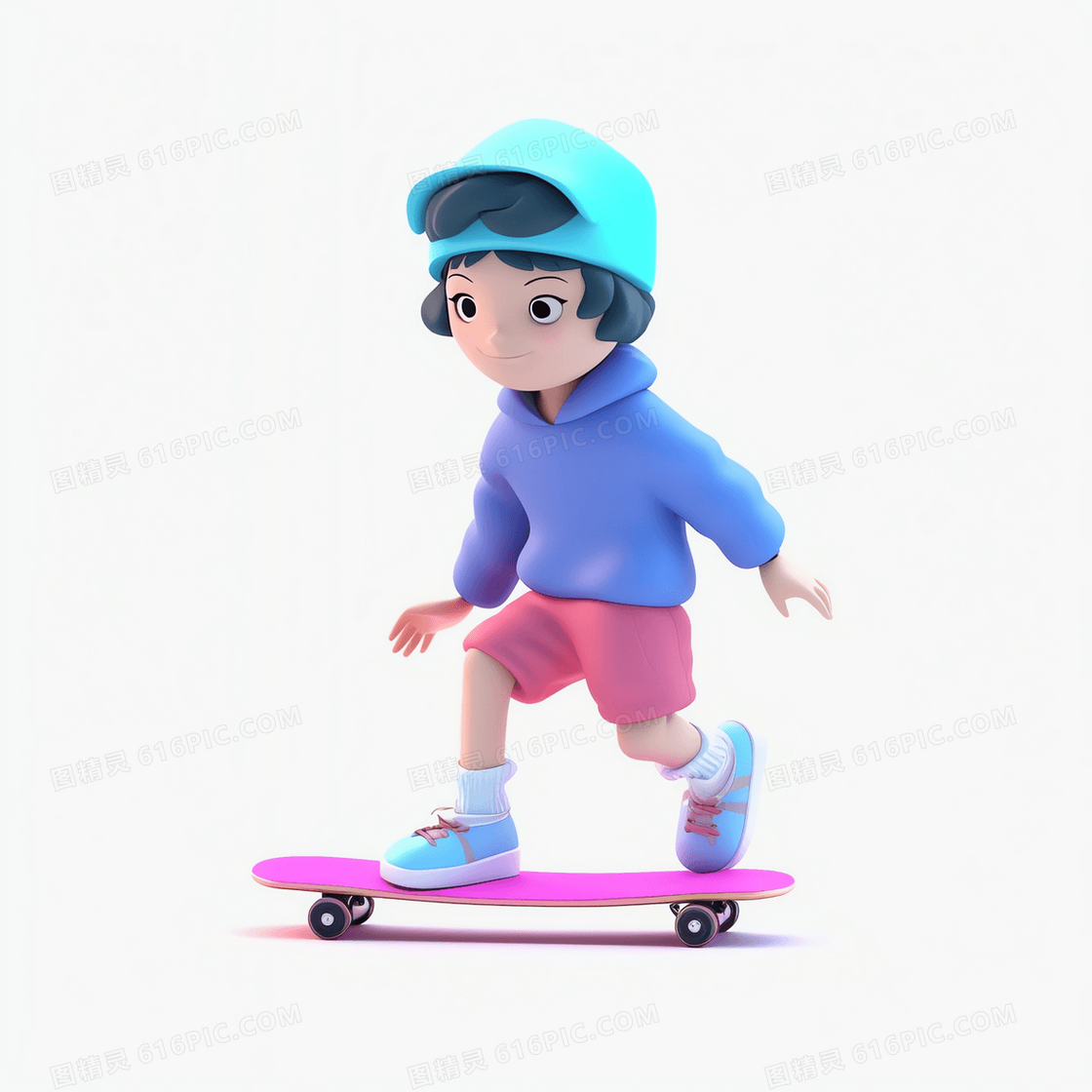 戴着蓝色帽子玩滑板的可爱男孩3D模型