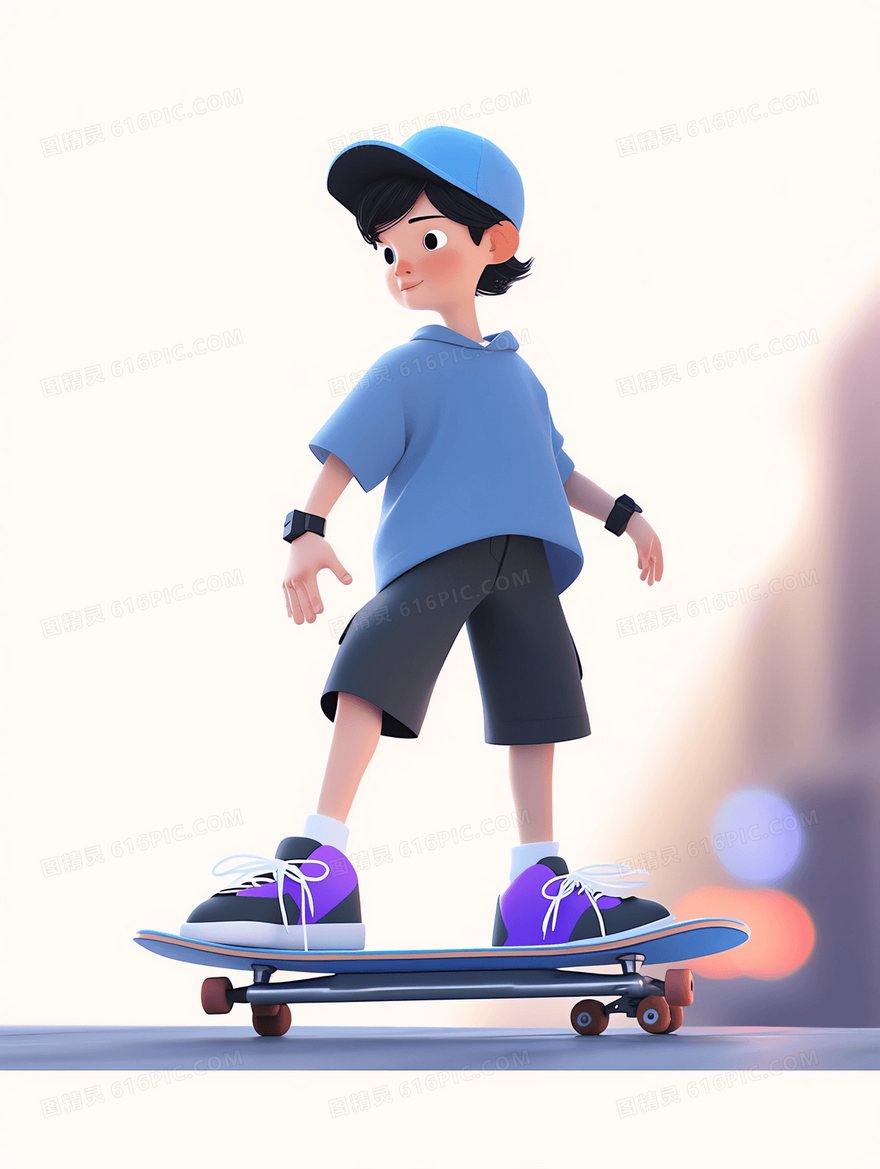 戴着蓝色棒球帽玩滑板的帅气男孩3D模型