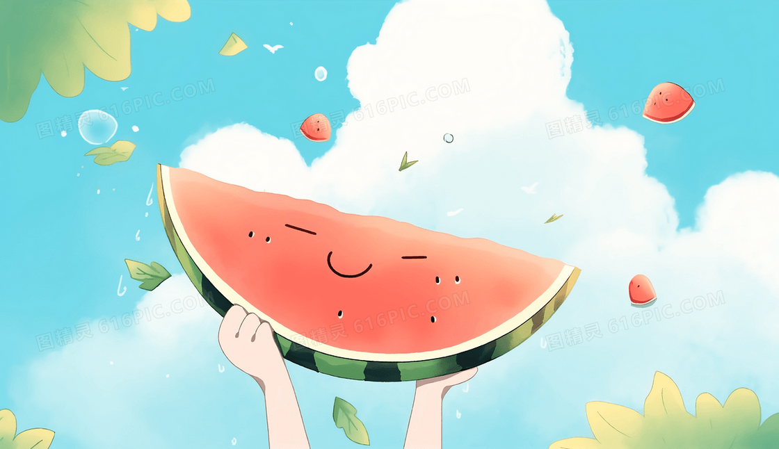 卡通蓝天白云炎热的夏天一双手举着一块西瓜