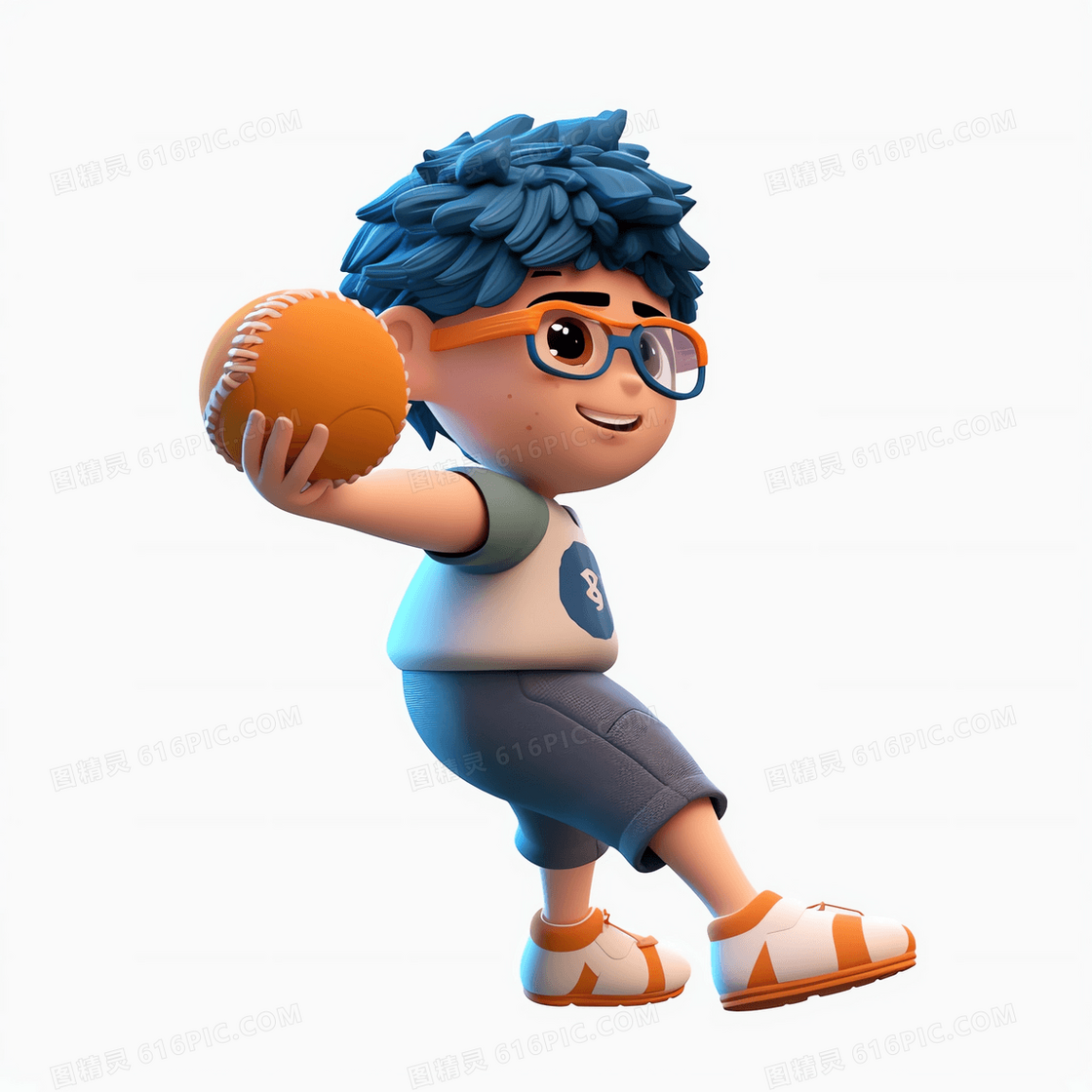 开心的举着垒球的的可爱眼镜男孩3D模型
