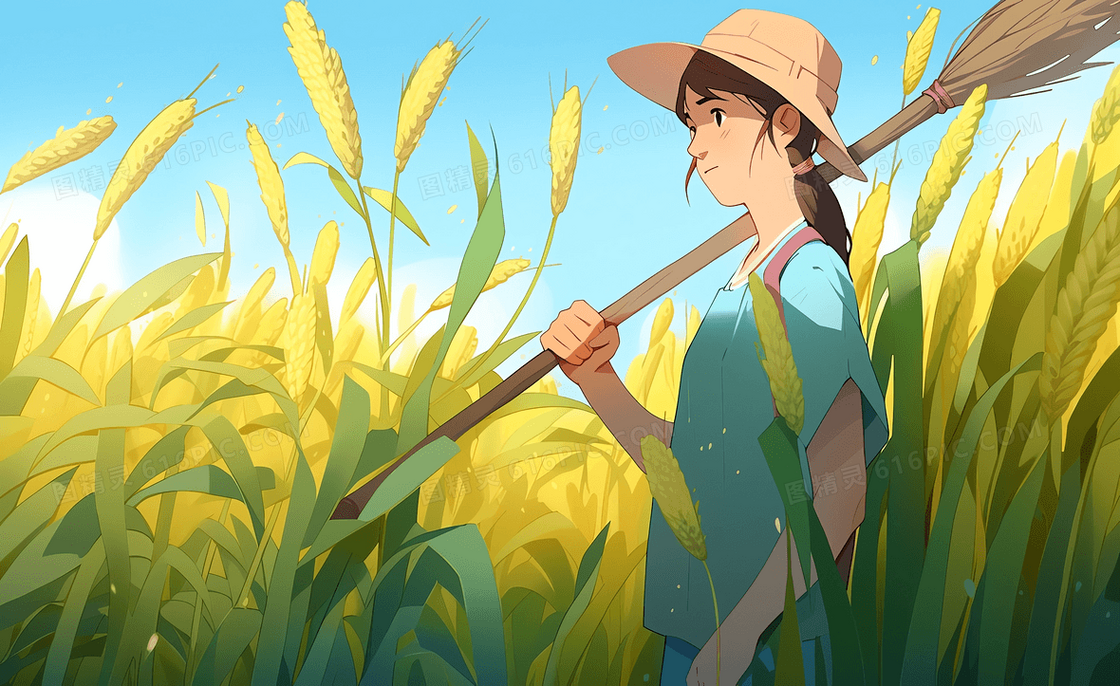 卡通女孩扛农具站在麦田里插画