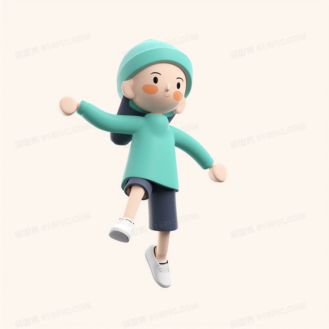 戴着绿色毛线帽跳跃奔跑的可爱小人3D人物模型