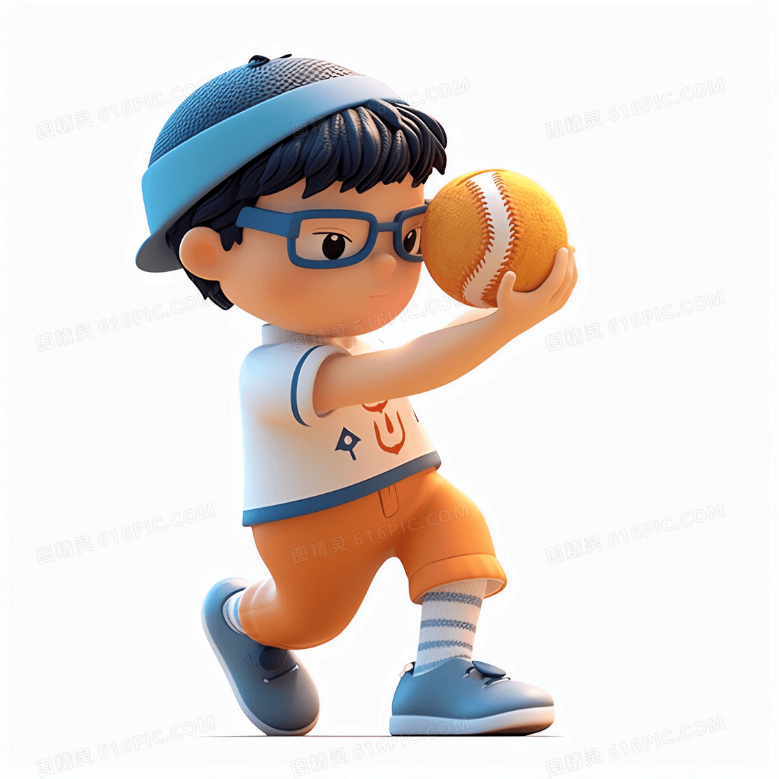 摆好投垒球动作的可爱男孩3D模型