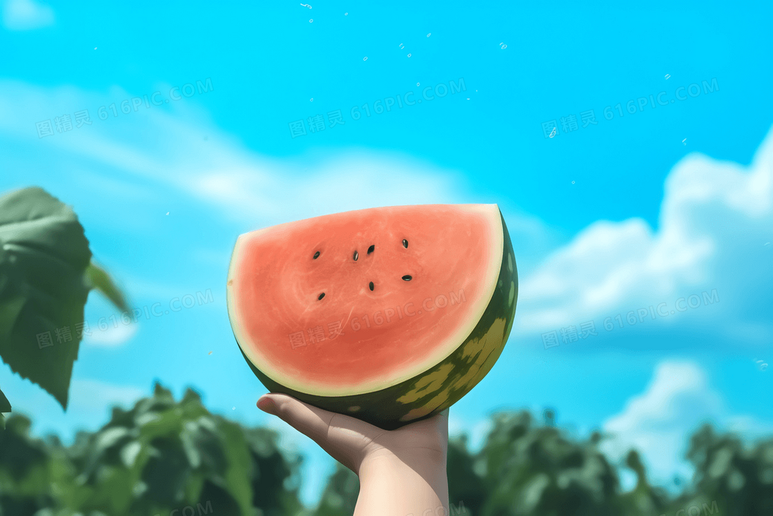 蓝天白云炎热的夏天一只手拿着一块西瓜