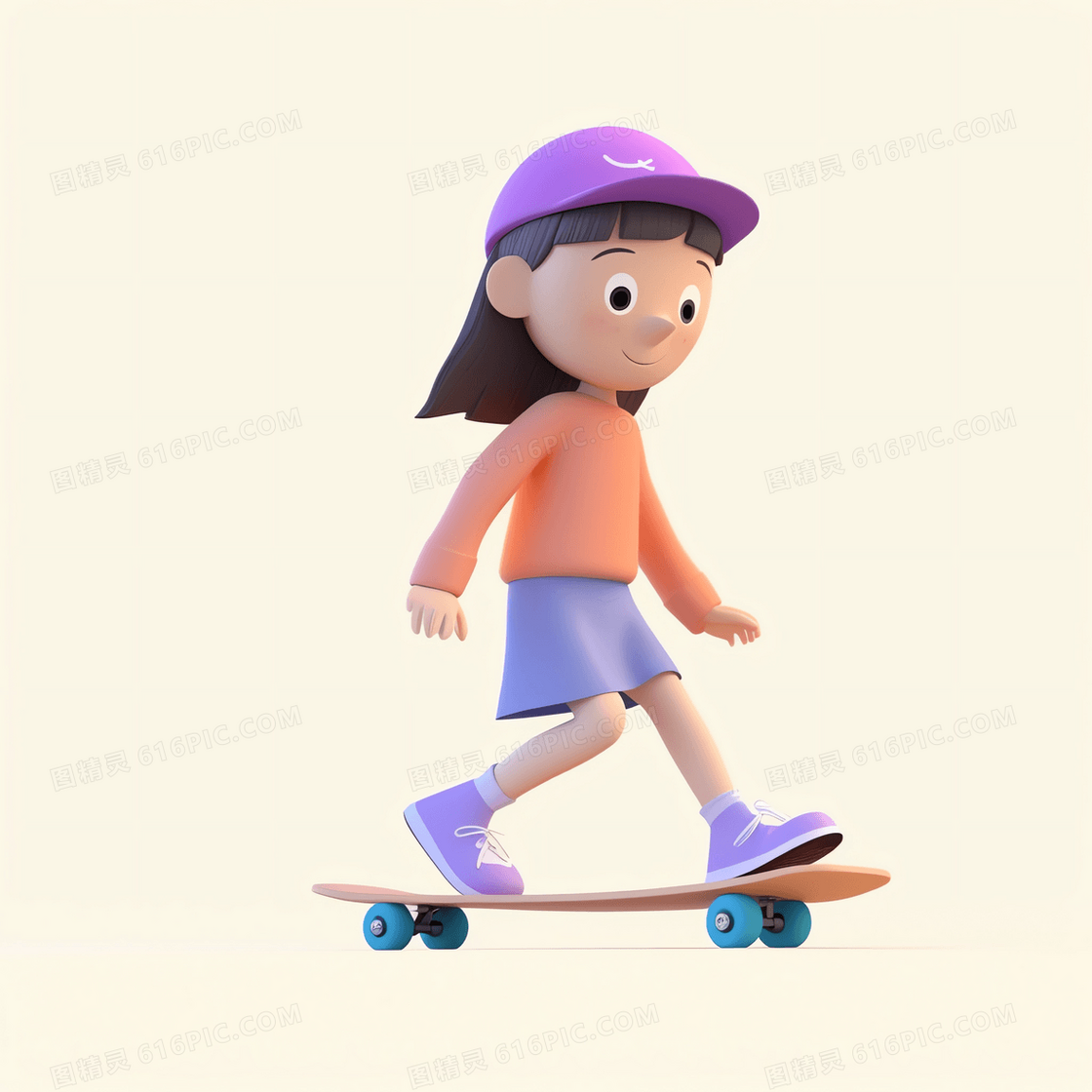 在滑板上正向站立的可爱女孩3D模型