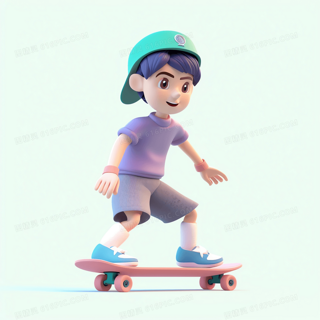 在滑板上准备转向的可爱男孩3D模型