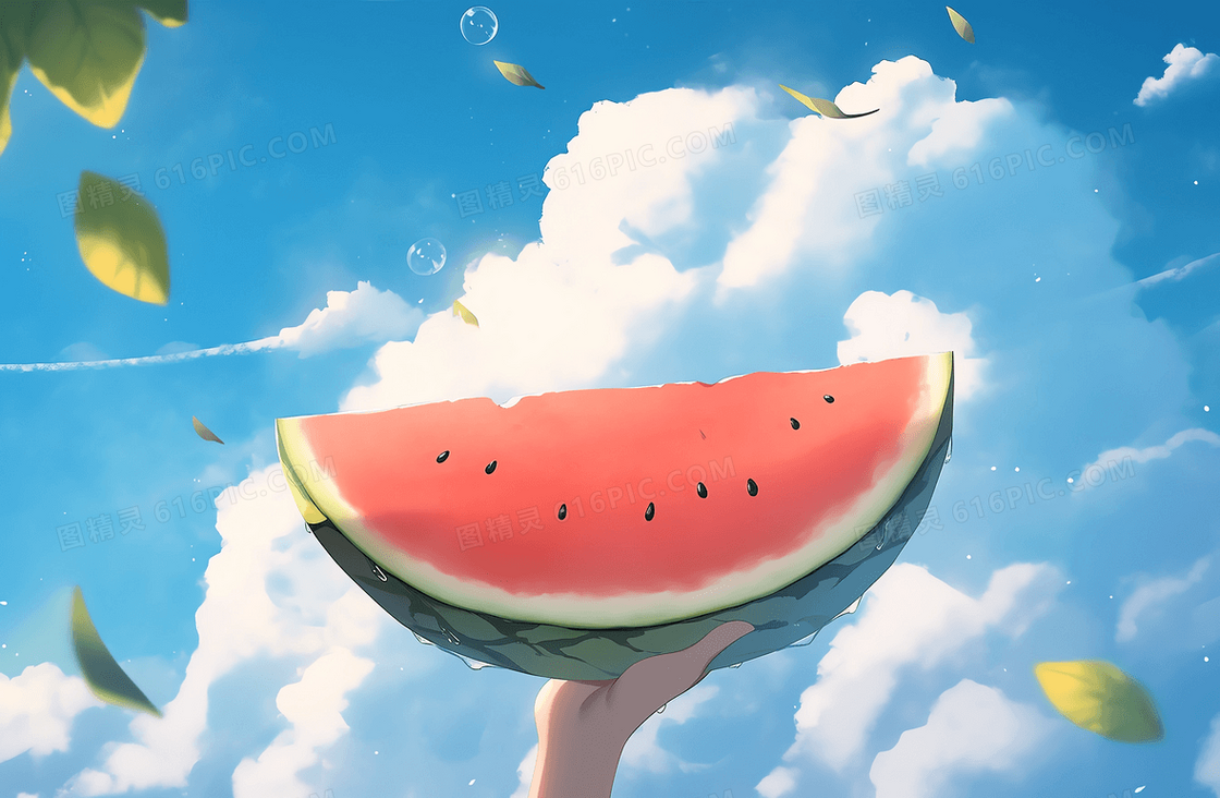 卡通清新蓝天白云炎热的夏天一只手拿着西瓜