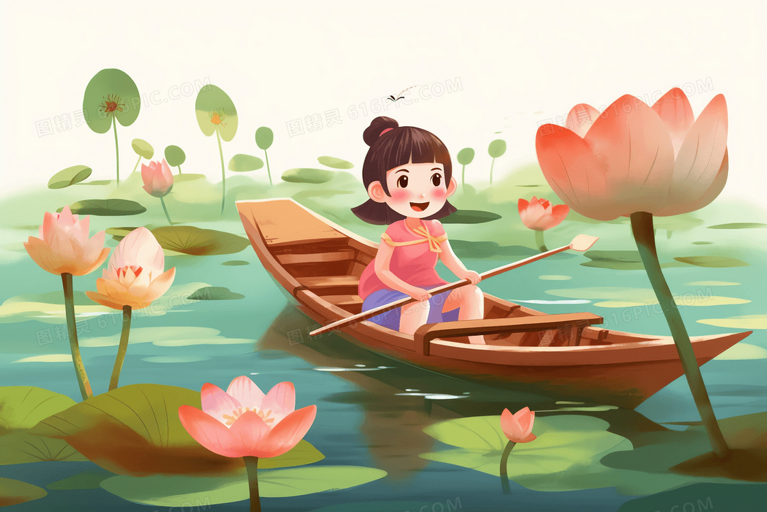 扎丸子头的女孩在荷花池划船赏花