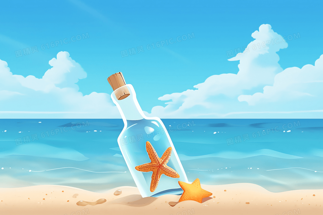 蓝天白云下的碧海沙滩旁有一个玻璃漂流瓶