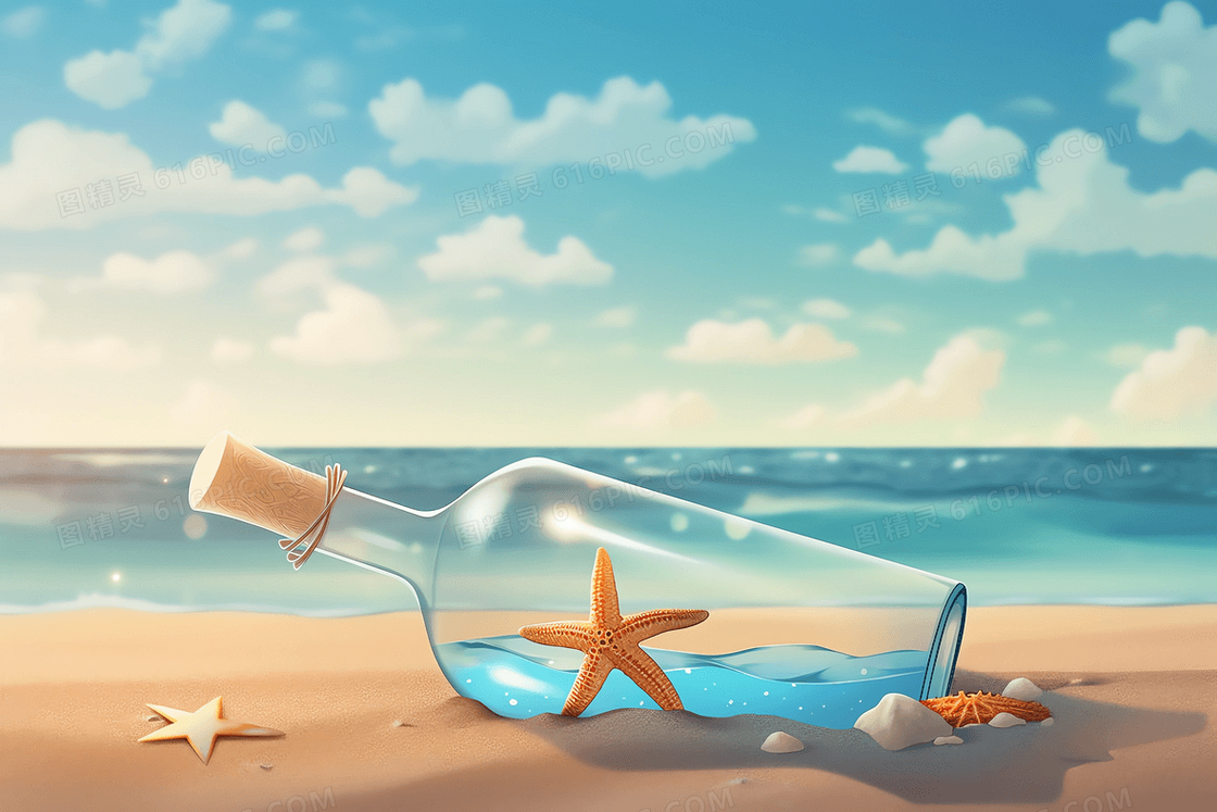 蓝天白云碧蓝大海和金色沙滩上的玻璃漂流瓶