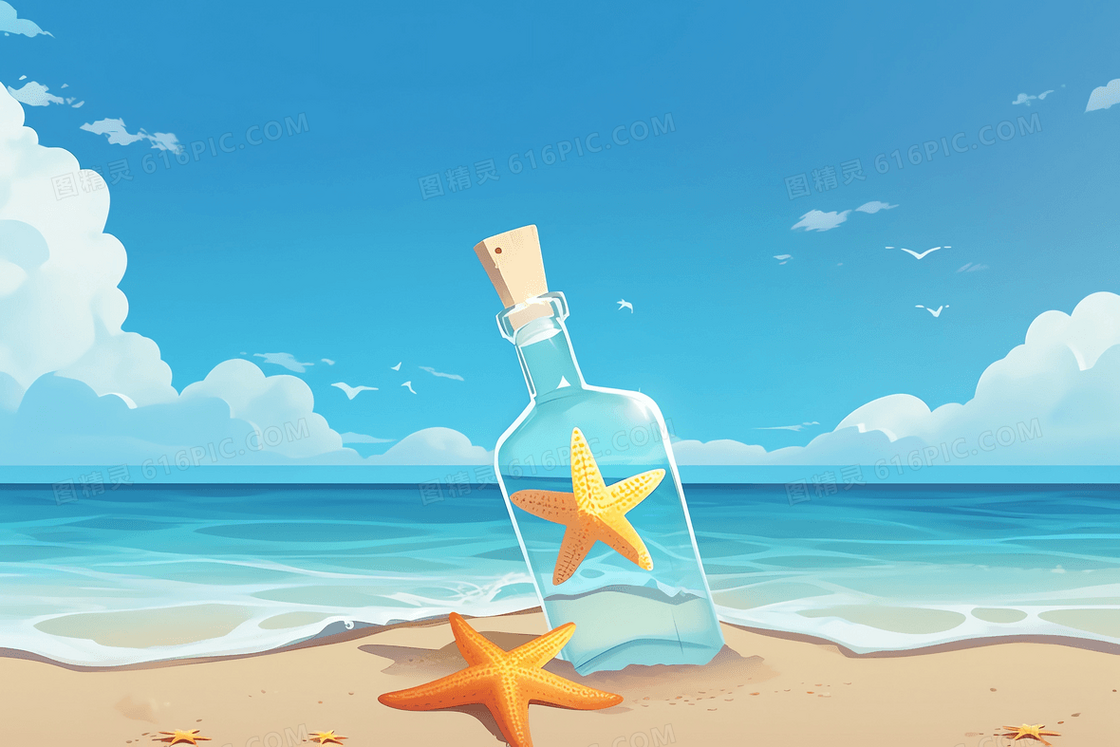 玻璃漂流瓶掩埋在蓝天白云下的金色沙滩上