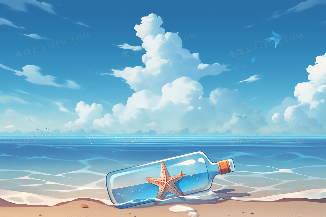 装有海星的玻璃漂流瓶被碧蓝的海水吹刷到沙滩上