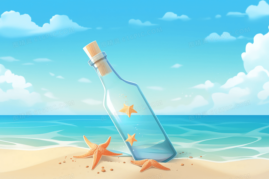 被碧蓝的海水冲刷到沙滩上的漂流瓶里装着星星