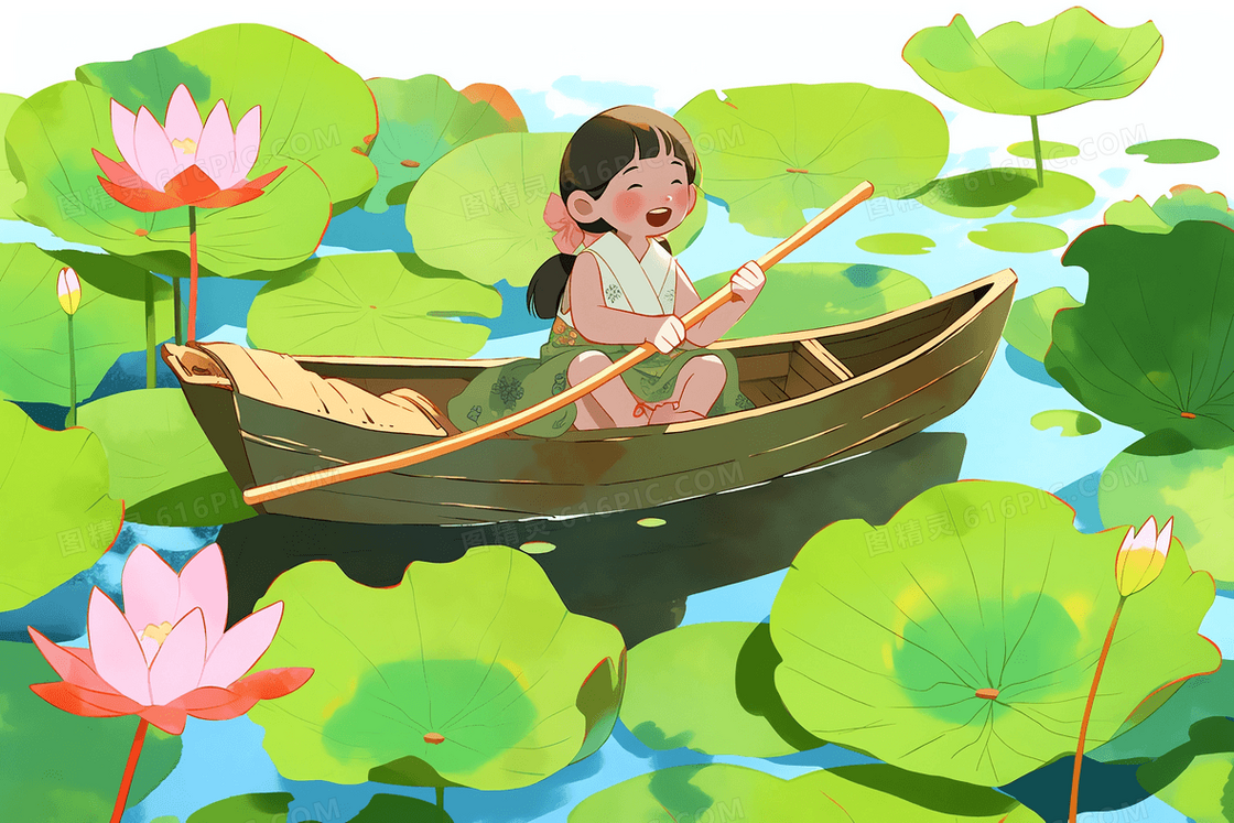 可爱的女孩在荷花绽放的池塘划船赏花