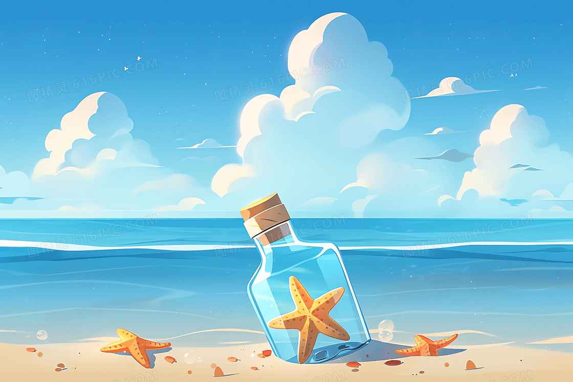 蓝天白云下的沙滩大海漂流瓶