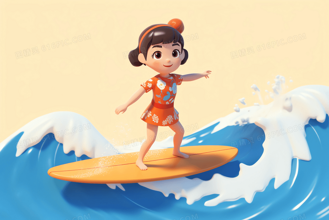 穿着花泳衣冲浪的可爱女孩C4D模型