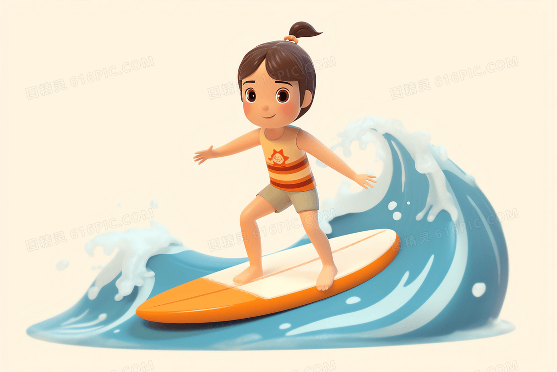在海上玩冲浪的可爱女孩C4D模型