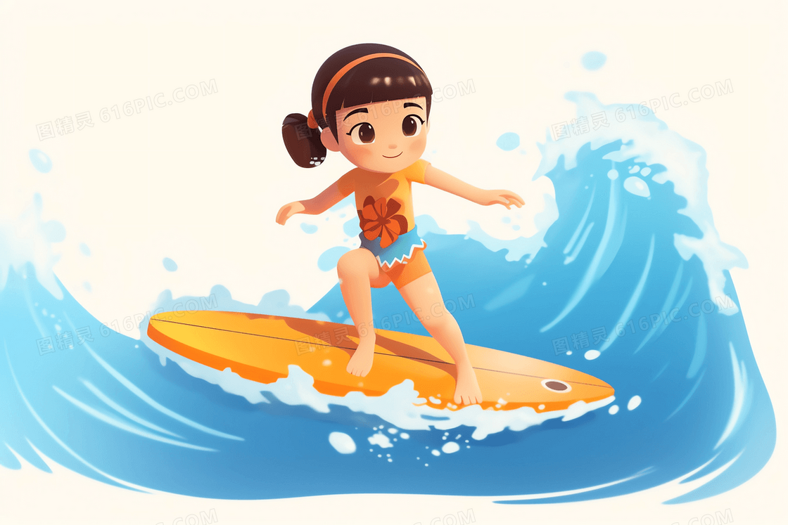 在海上学习冲浪的可爱女孩C4D模型