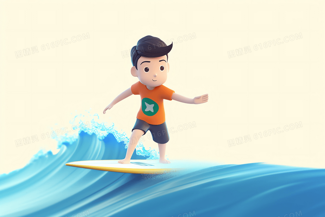 在海上冲浪的可爱男孩C4D模型