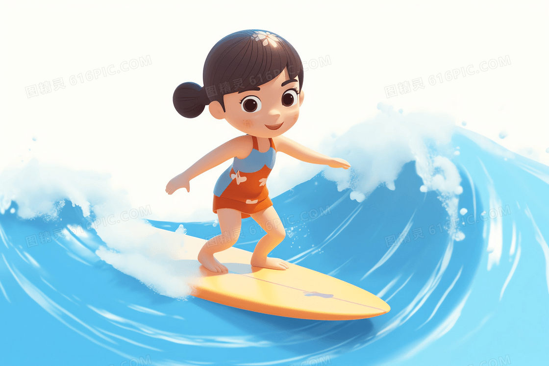 在玩冲浪的可爱女孩C4D模型