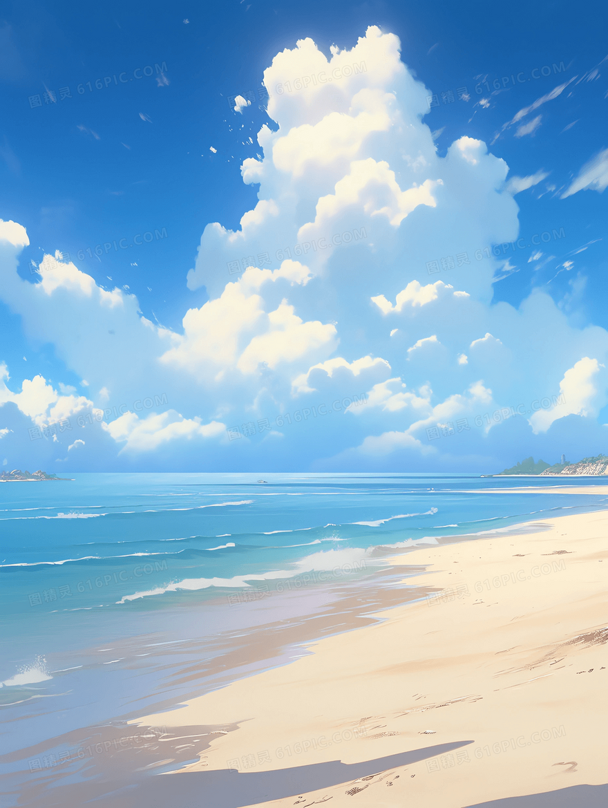 清新蓝天白云下唯美海边沙滩