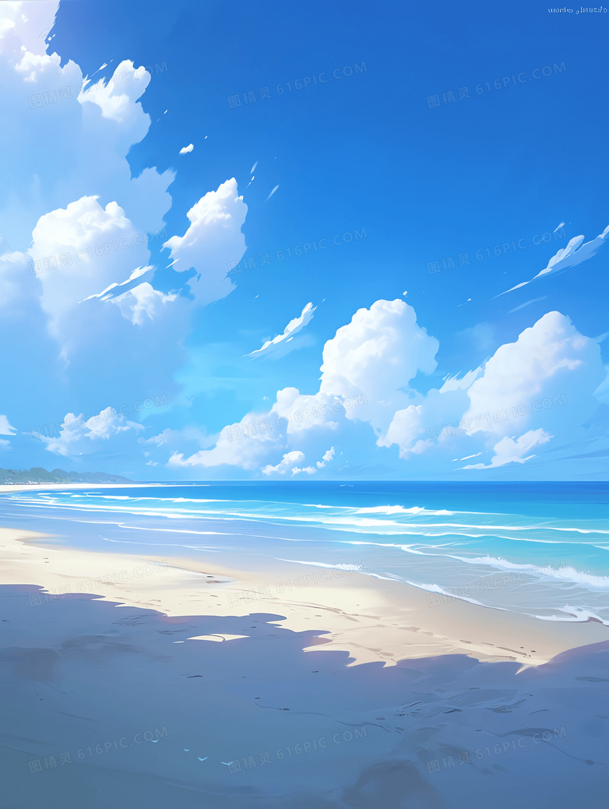 清新唯美的蓝天白云下碧蓝的大海和沙滩