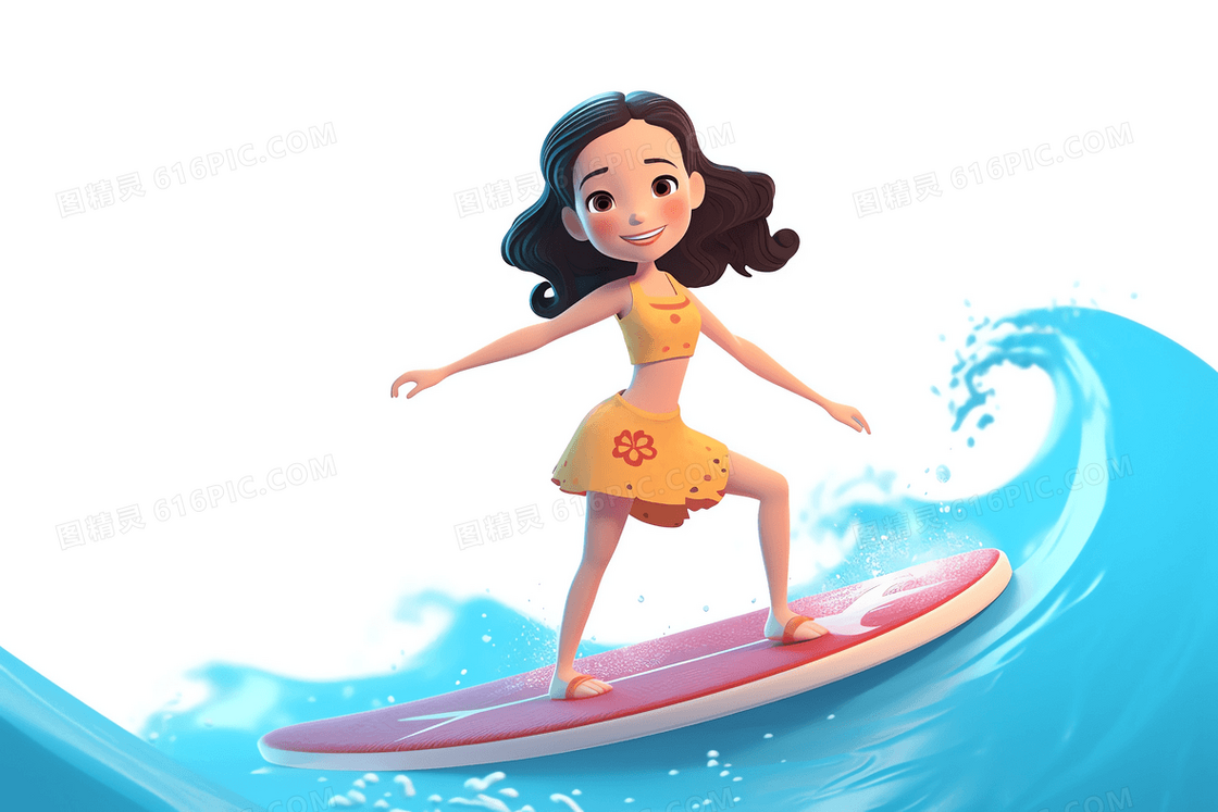 在海上冲浪的可爱女孩C4D模型