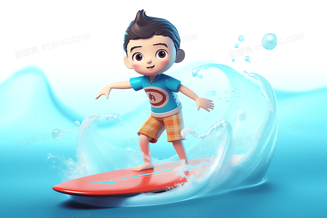 在海上玩冲浪的可爱男孩C4D模型