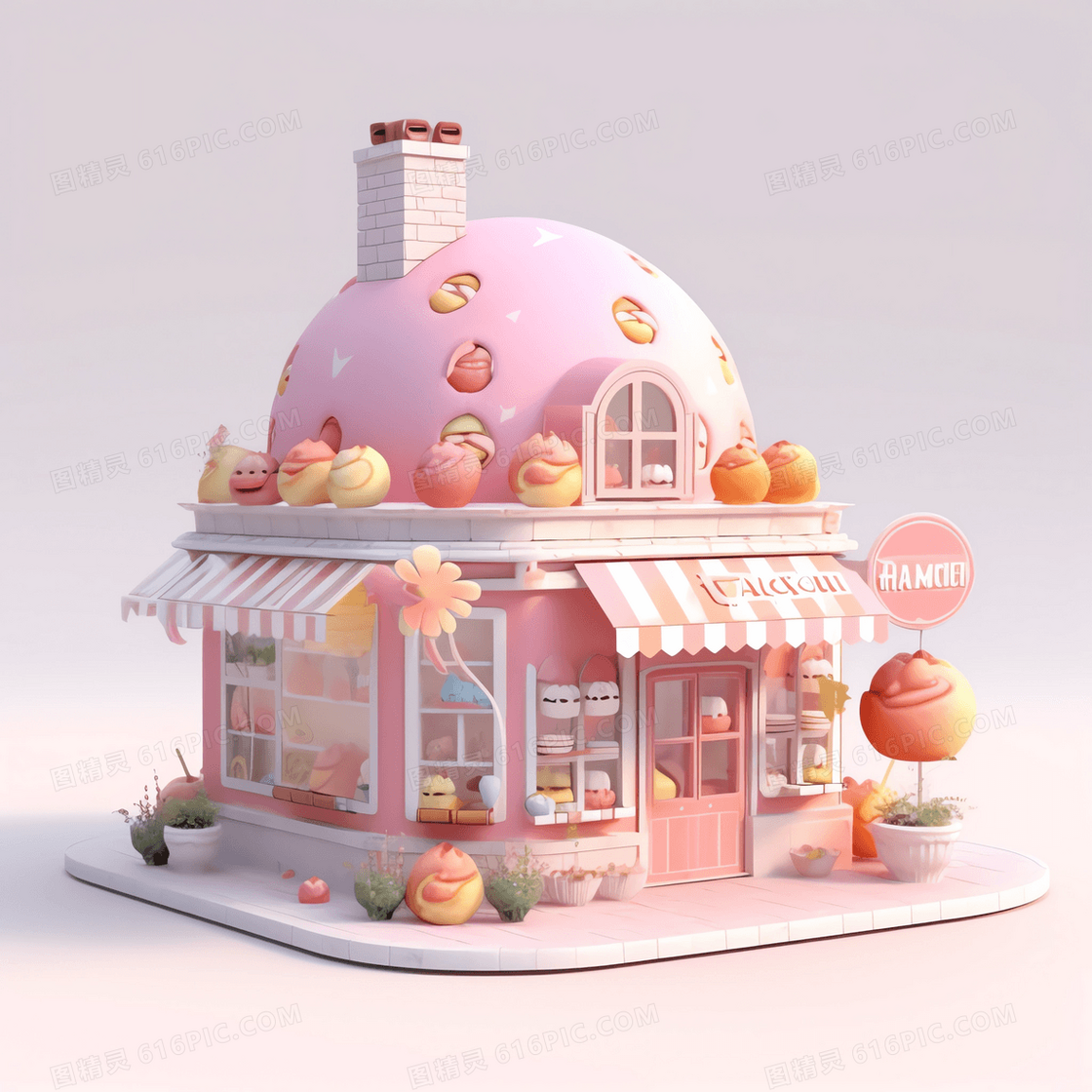 马卡龙色系粉色糖果冰淇淋屋C4D模型