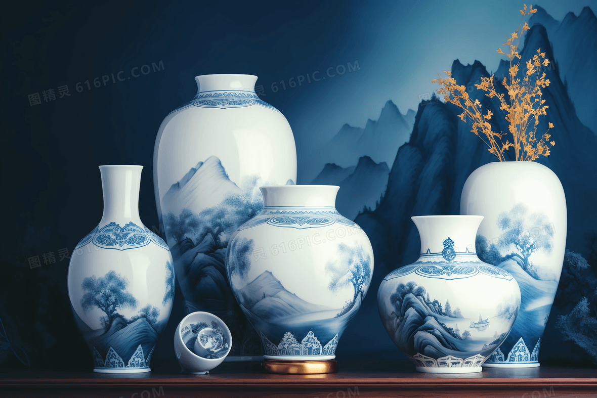 中国水墨风淡雅的青花瓷瓷瓶背景图片下载_2688x1792像素JPG格式_编号