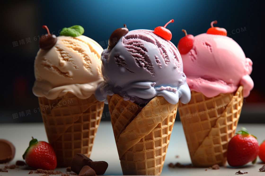 三个不同口味的冰淇淋甜筒