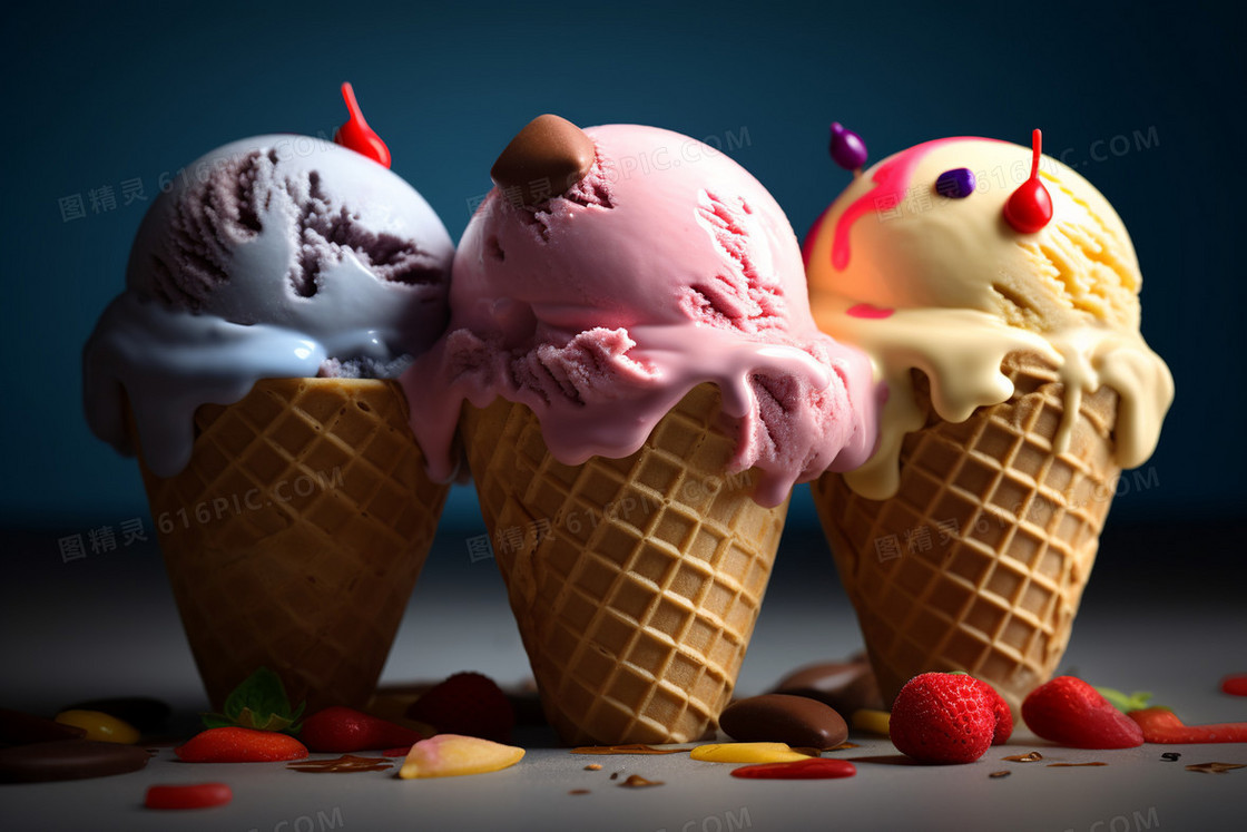 三个美味的冰淇淋甜筒