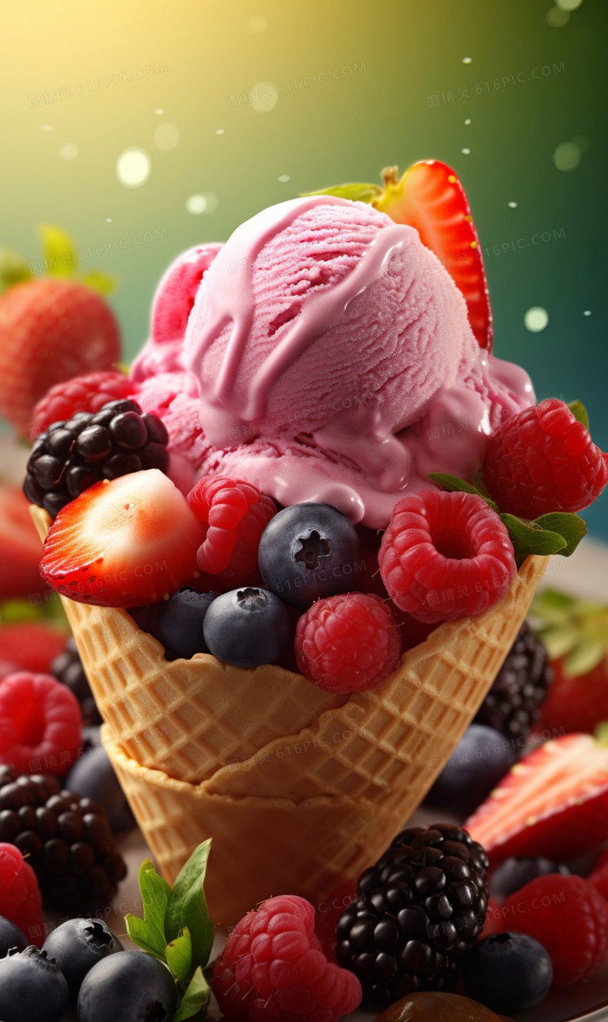 各种水果搭配的冰淇淋甜筒