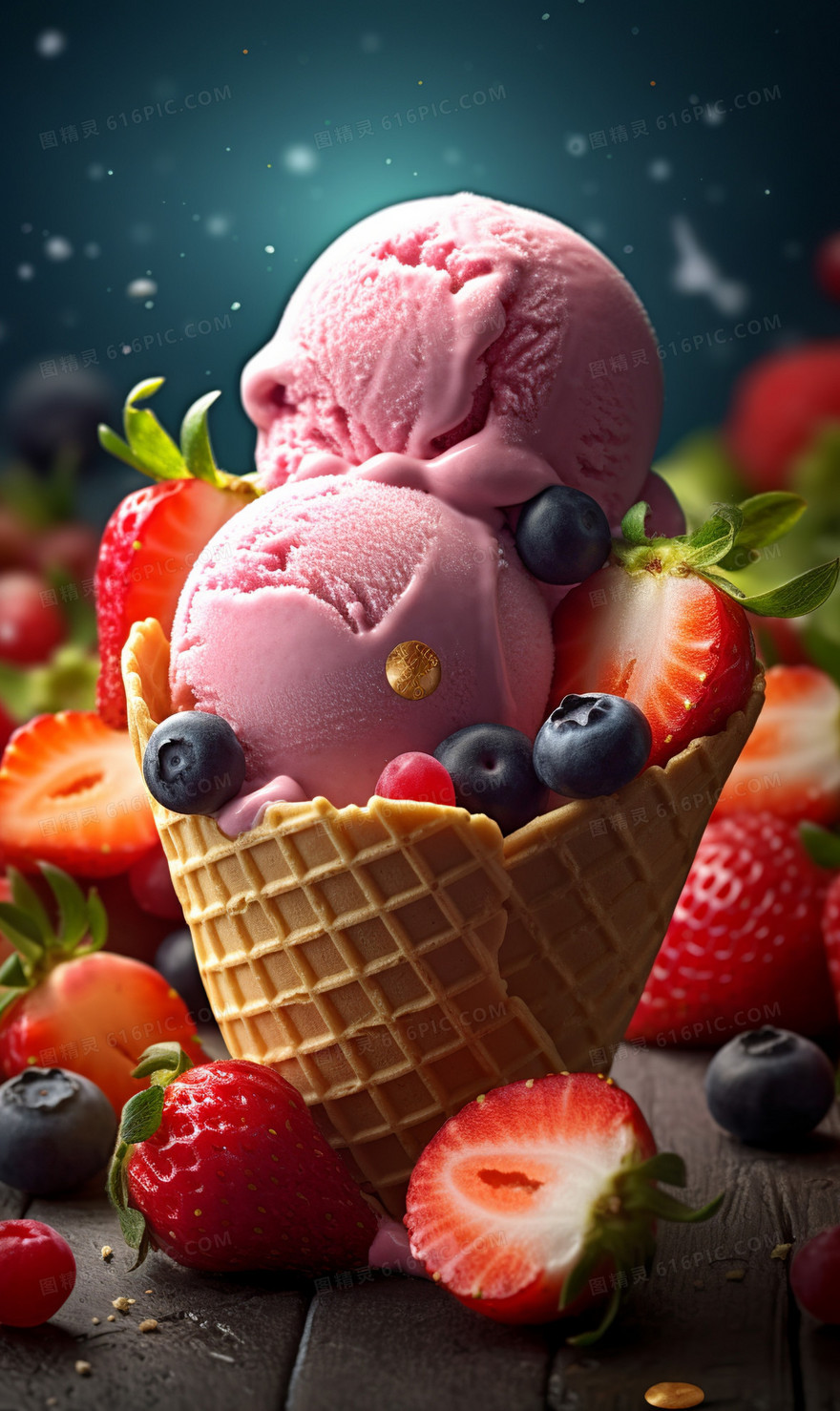 草莓味的冰淇淋甜筒