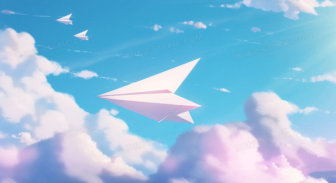 梦幻蓝天白云上方漂浮的纸飞机