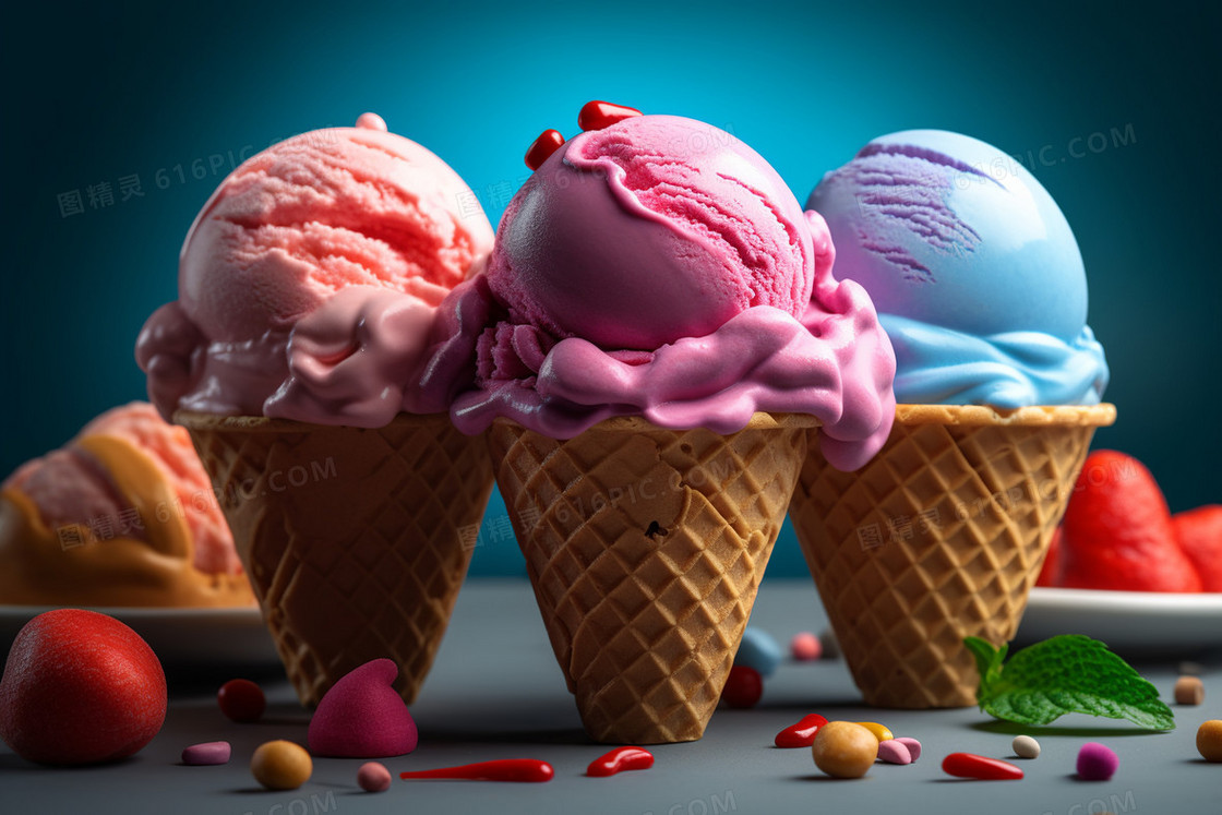 三个马卡龙色系的冰淇淋甜筒