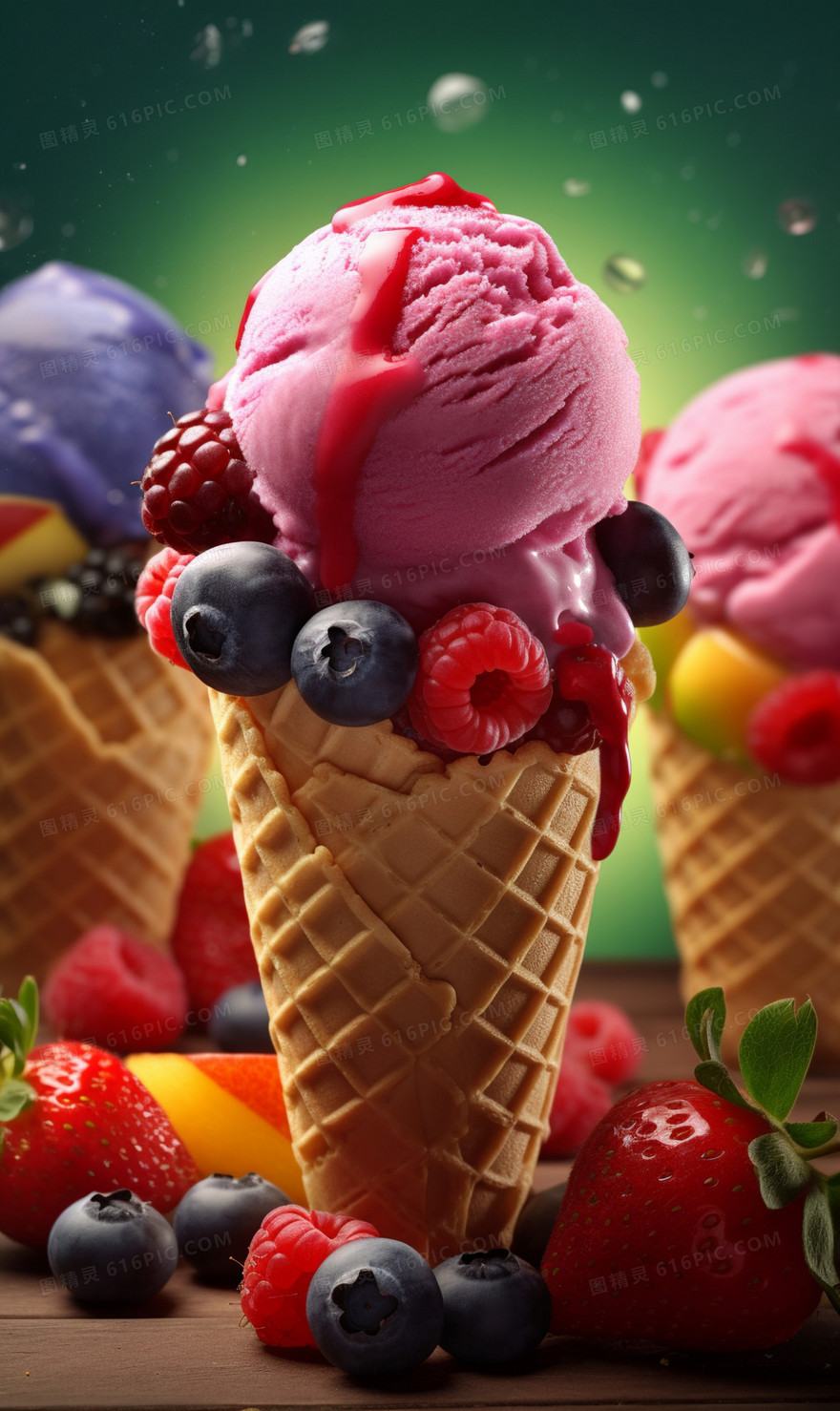草莓味加蓝莓的冰淇淋甜筒