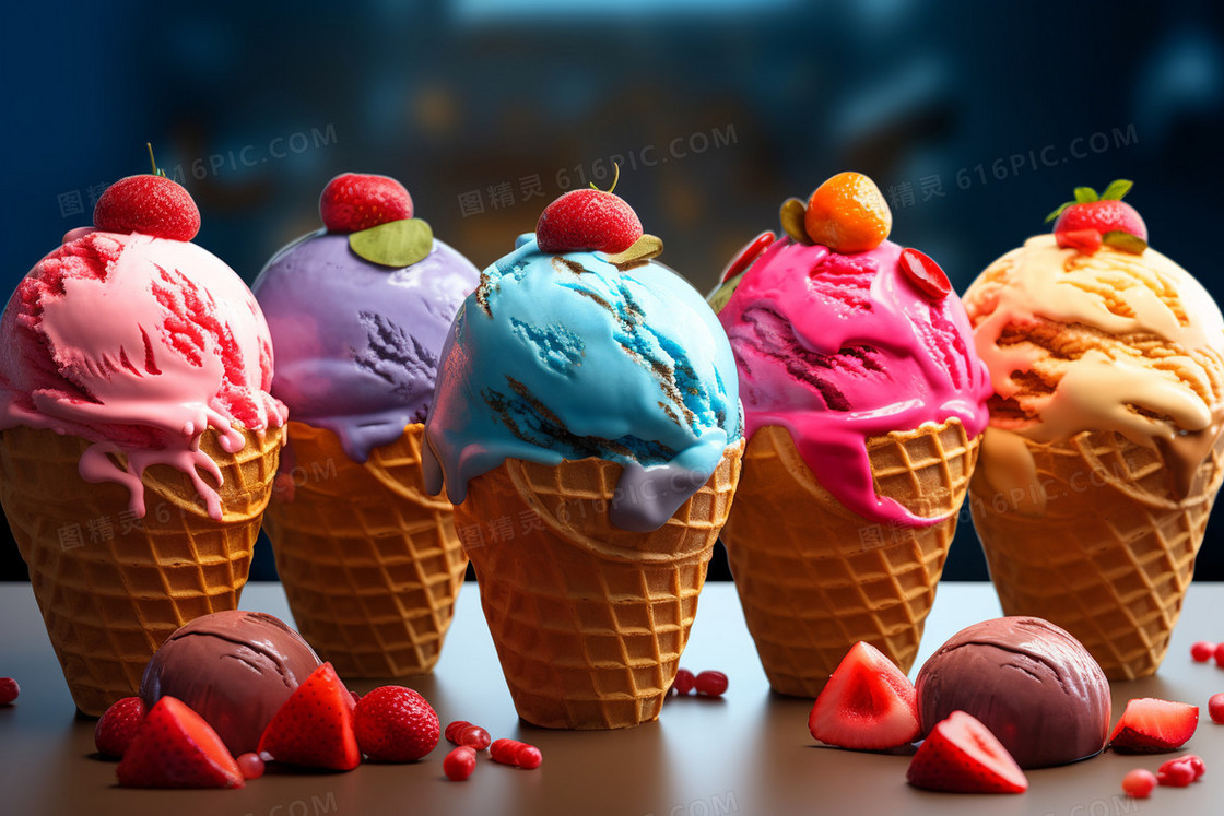 五个不同颜色口味的冰淇淋甜筒